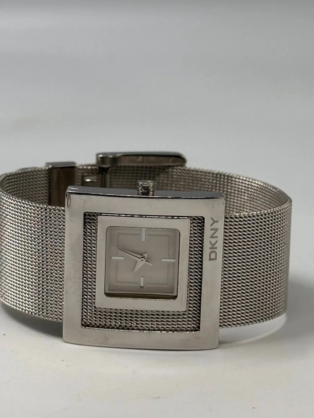 DKNY Watch Women Stainless Steel Square Dial Mesh Band New Battery 8.5